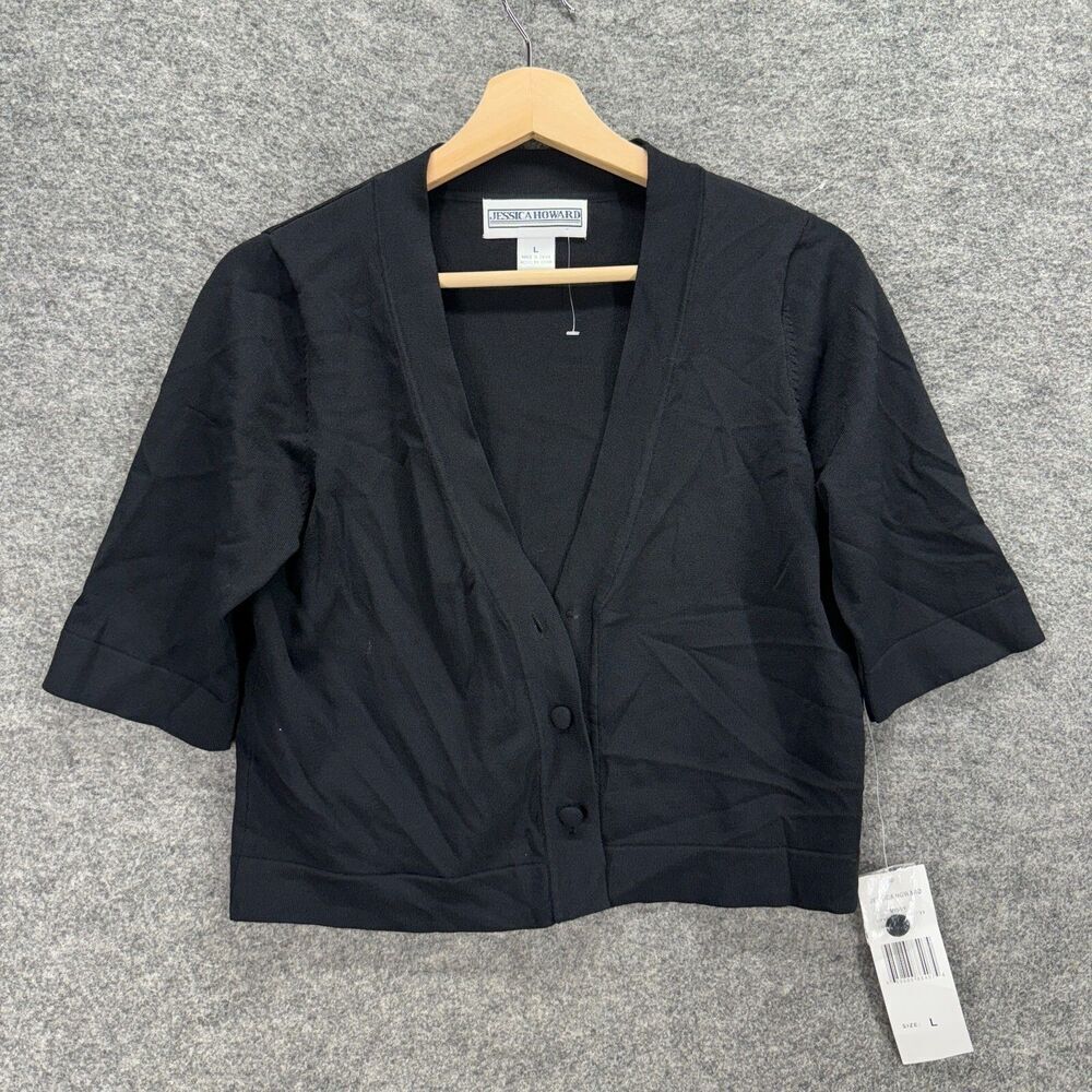 New Jessica Howard Cardigan Women L Large Black V-Neck Short Sleeve Button